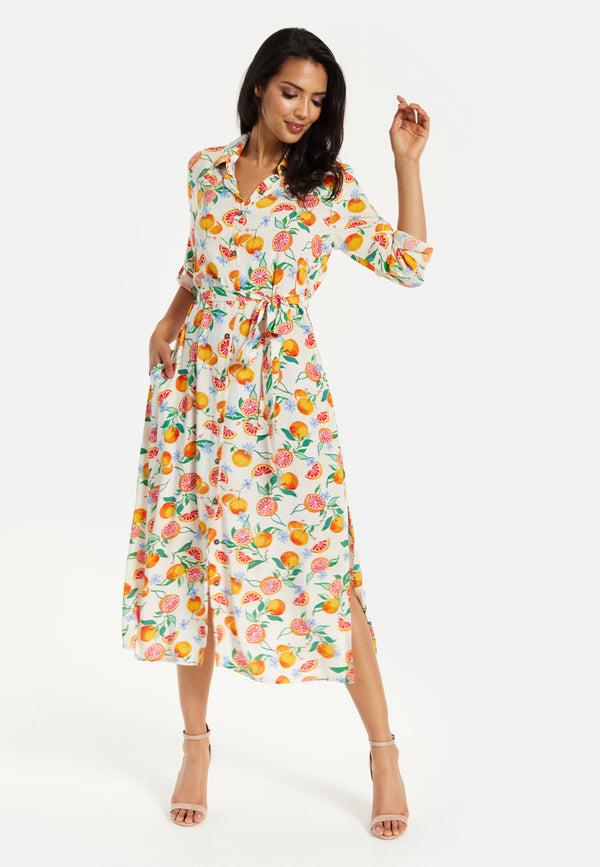 Liquorish Women’s Midi Dress Fruit Print Button-Through Design Elegant Tie Waist Roll-Up Sleeves Lightweight Viscose