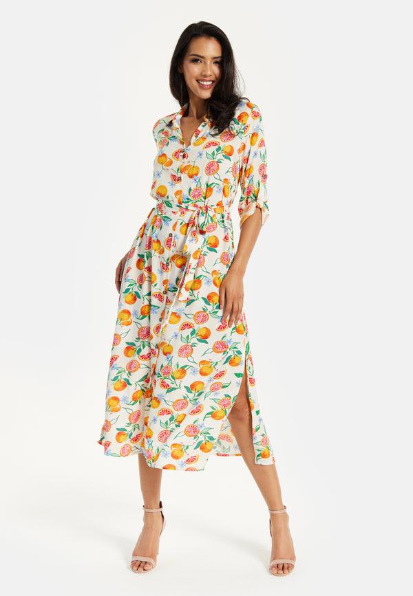 Liquorish Women’s Midi Dress Fruit Print Button-Through Design Elegant Tie Waist Roll-Up Sleeves Lightweight Viscose