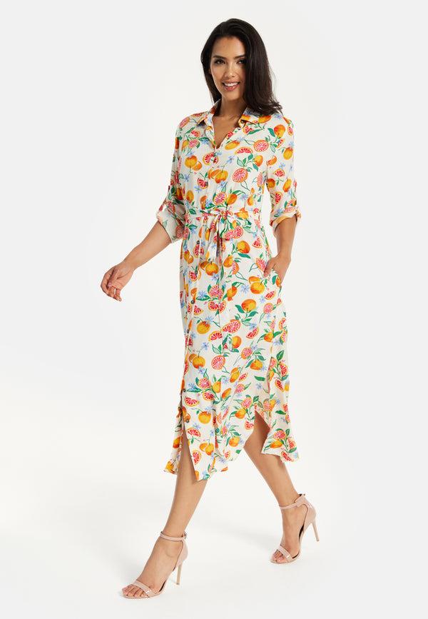 Liquorish Women’s Midi Dress Fruit Print Button-Through Design Elegant Tie Waist Roll-Up Sleeves Lightweight Viscose