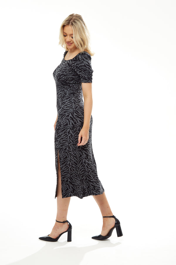 Liquorish Women's Midi Dress In Black And Grey Zebra Print With Short Sleeves - Liquorish