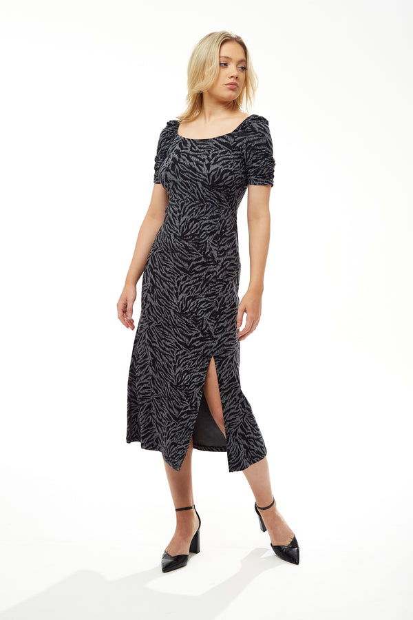 Liquorish Women's Midi Dress in Black and Grey Zebra Print with Short Sleeves - Liquorish
