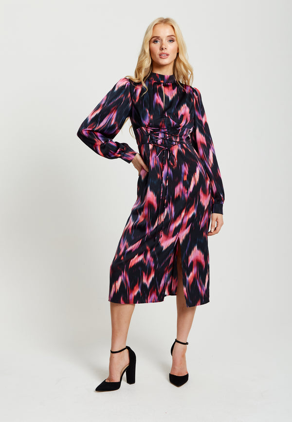 Liquorish Women's Midi Dress In Black And Pink With Long Balloon Sleeves - Liquorish