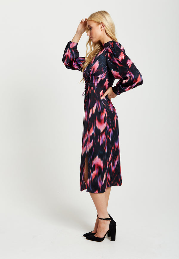 Liquorish Women's Midi Dress In Black And Pink With Long Balloon Sleeves - Liquorish