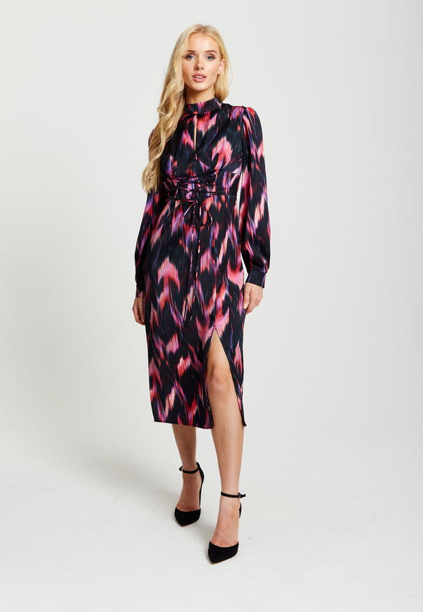 Liquorish Women's Midi Dress in Black and Pink with Long Balloon Sleeves - Liquorish