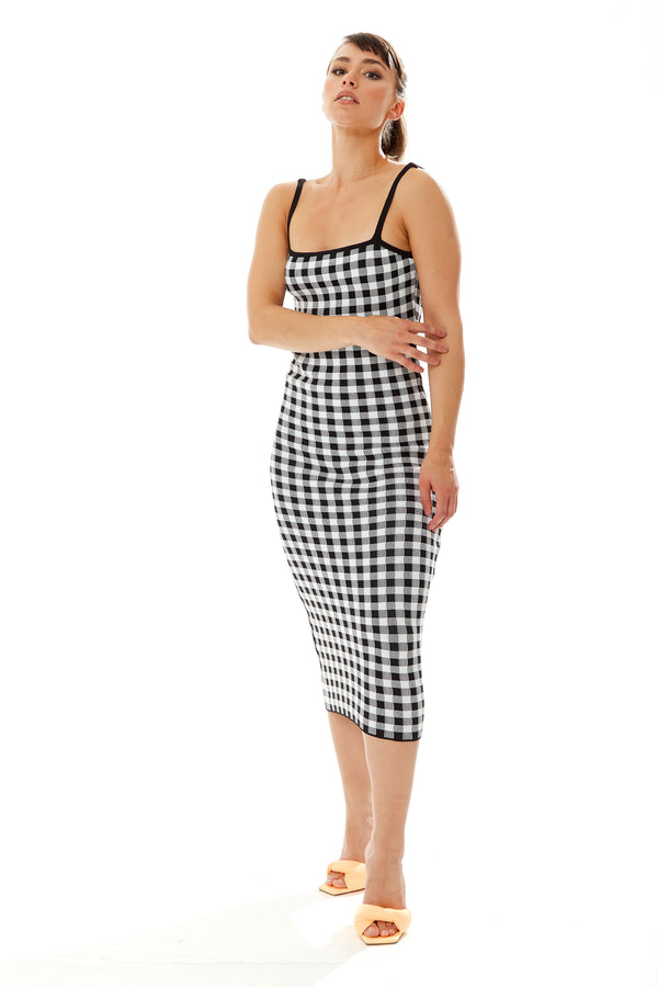 Liquorish Women’s Midi Dress In Black And White Check - Sleeveless Knitted Fabric With Fitted Silhouette
