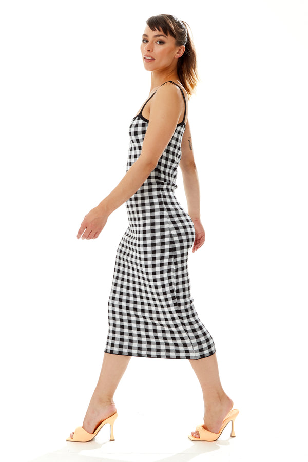Liquorish Women’s Midi Dress In Black And White Check - Sleeveless Knitted Fabric With Fitted Silhouette