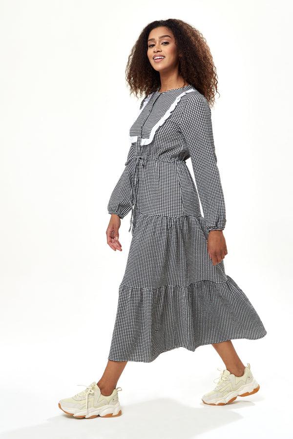 Liquorish Women's Midi Dress In Black And White Gingham With Long Sleeves - Divine Grace By Liquorish