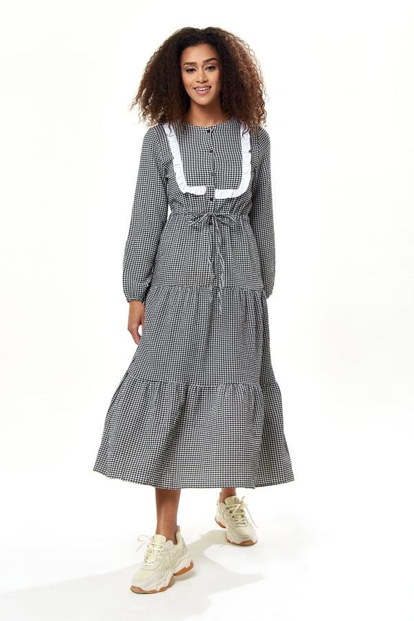 Liquorish Women's Midi Dress in Black and White Gingham with Long Sleeves - Divine Grace by Liquorish