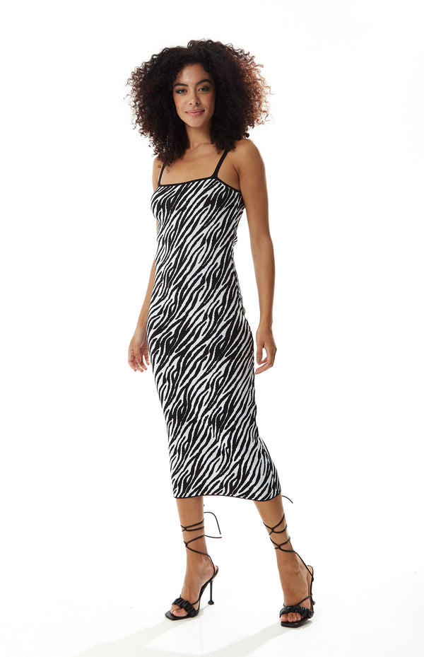 Liquorish Women’s Midi Dress in Black and White Zebra Knit Pattern with Sleeveless Design