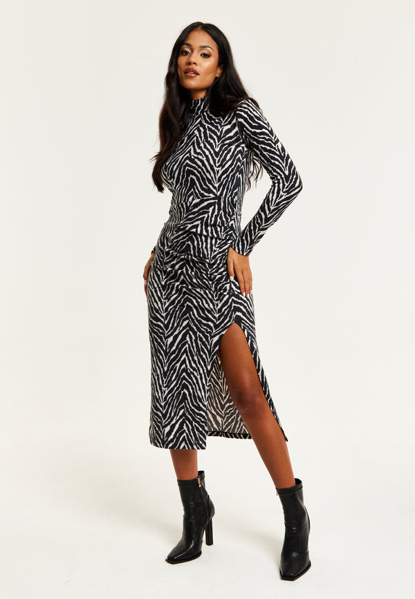 Liquorish Women's Midi Dress In Black And White Zebra Print With Long Sleeves - Liquorish