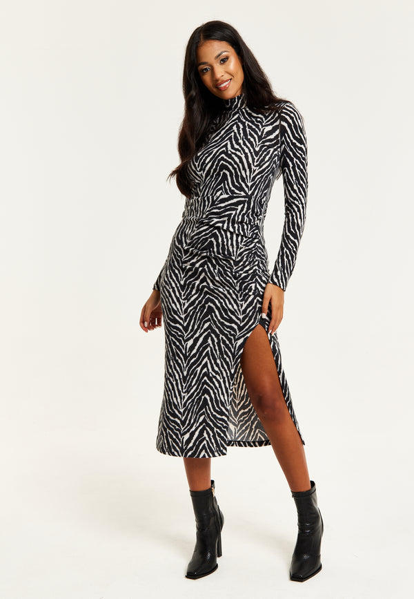 Liquorish Women's Midi Dress In Black And White Zebra Print With Long Sleeves - Liquorish