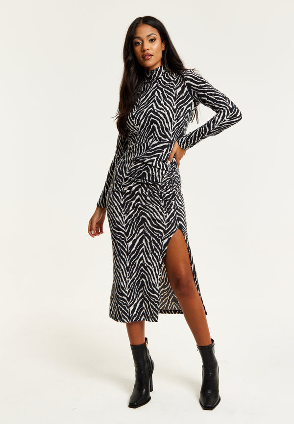 Liquorish Women's Midi Dress in Black and White Zebra Print with Long Sleeves - Liquorish