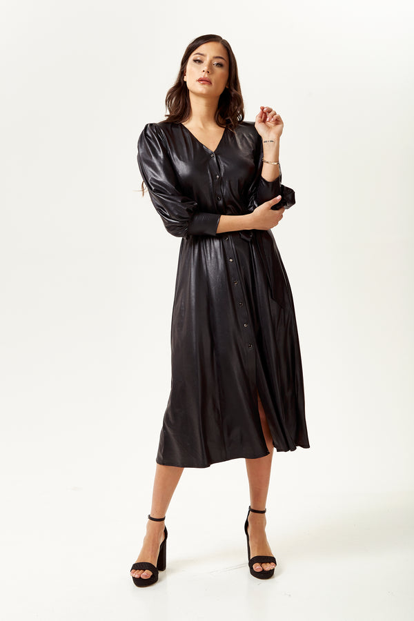 Liquorish Women's Midi Dress In Black With 3/4 Balloon Sleeves And Tie Waist - Liquorish