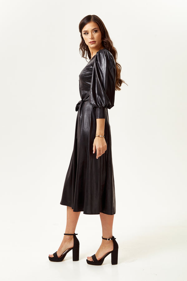 Liquorish Women's Midi Dress In Black With 3/4 Balloon Sleeves And Tie Waist - Liquorish