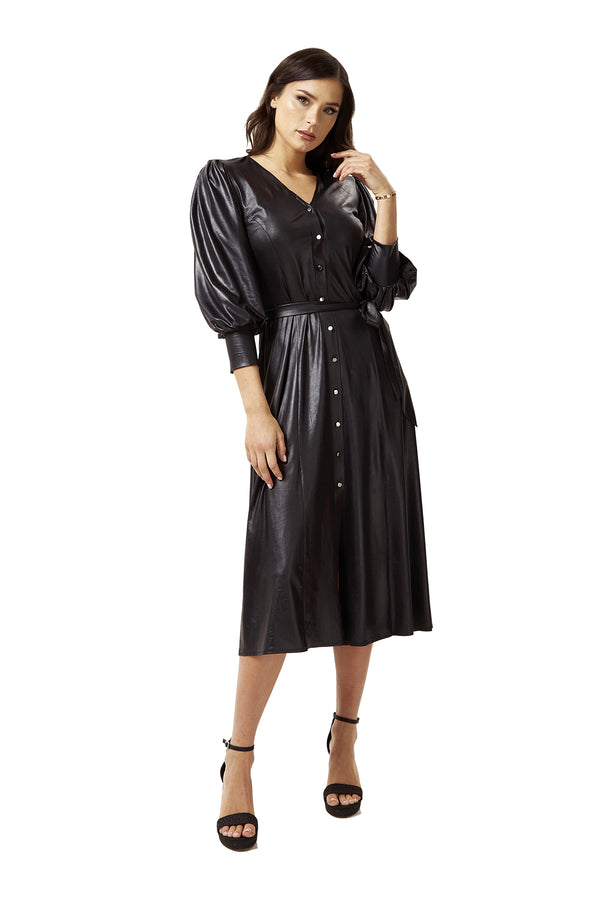 Liquorish Women's Midi Dress in Black with 3/4 Balloon Sleeves and Tie Waist - Liquorish