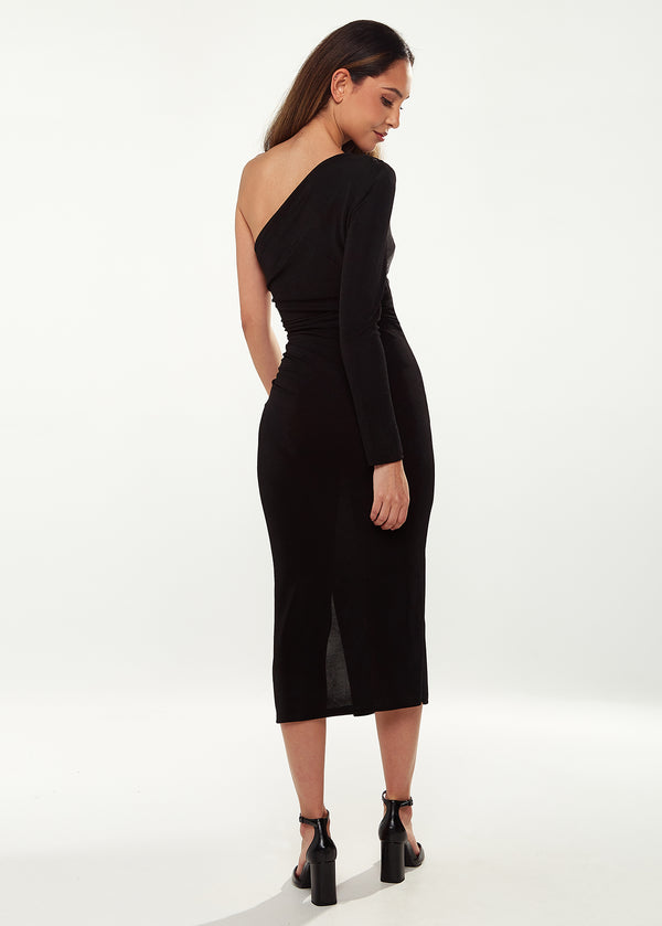 Liquorish Women's Midi Dress In Black With One Long Sleeve - Asymmetric Style By Liquorish