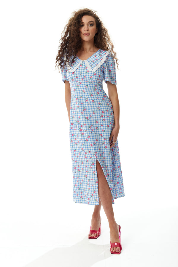 Liquorish Women's Midi Dress In Blue And White Gingham With Floral Print And Trim Lace Collar - Short Sleeves Liquorish