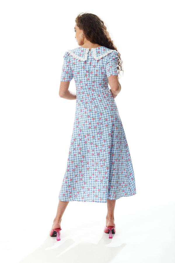 Liquorish Women's Midi Dress In Blue And White Gingham With Floral Print And Trim Lace Collar - Short Sleeves Liquorish