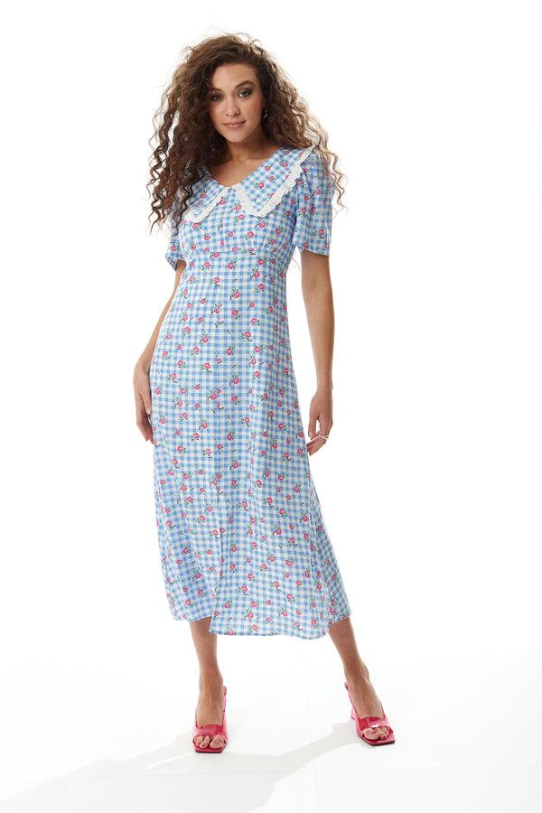 Liquorish Women's Midi Dress in Blue and White Gingham with Floral Print and Trim Lace Collar - Short Sleeves Liquorish