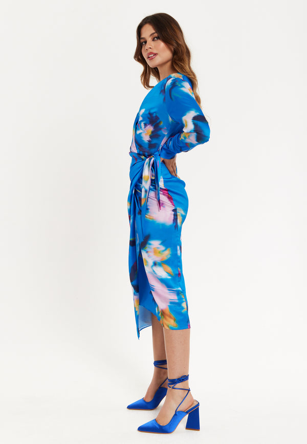 Liquorish Women’s Midi Dress In Blue Floral Satin With Wrap Style V Neck Long Sleeves And Adjustable Tie Waist