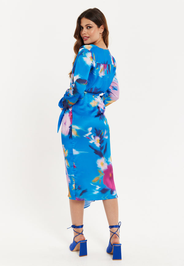 Liquorish Women’s Midi Dress In Blue Floral Satin With Wrap Style V Neck Long Sleeves And Adjustable Tie Waist