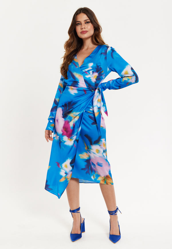 Liquorish Women’s Midi Dress In Blue Floral Satin With Wrap Style V Neck Long Sleeves And Adjustable Tie Waist