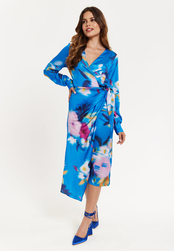 Liquorish Women’s Midi Dress in Blue Floral Satin with Wrap Style V Neck Long Sleeves and Adjustable Tie Waist