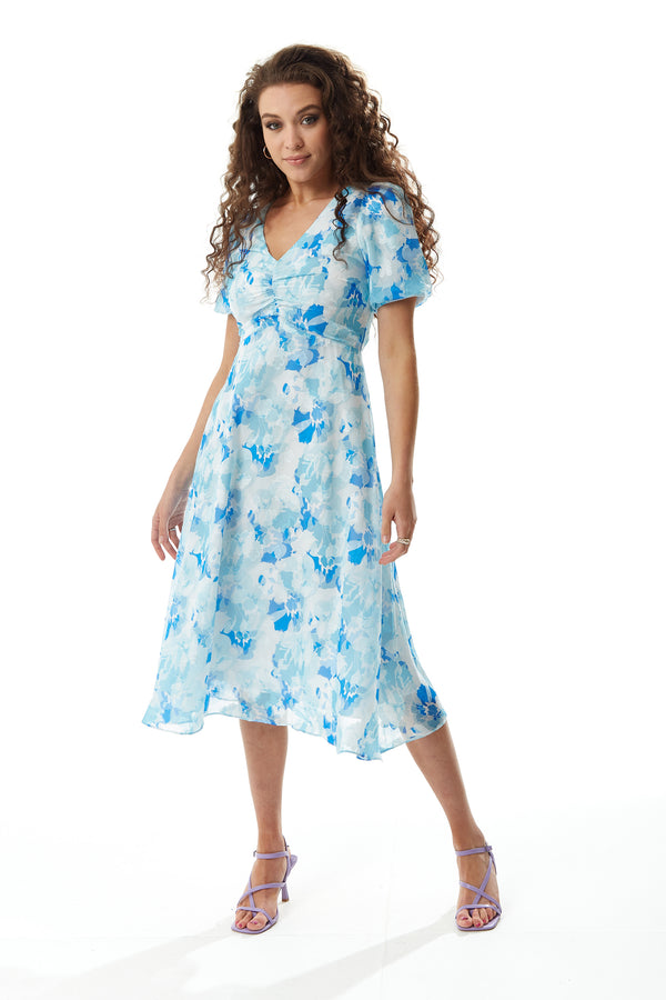 Liquorish Women's Midi Dress in Blue Floral with Short Sleeves - Regular Fit V Neck Style by Liquorish