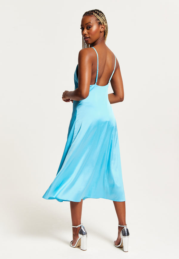 Liquorish Women's Midi Dress In Blue Satin With Deep V Neck And Adjustable Straps - Liquorish