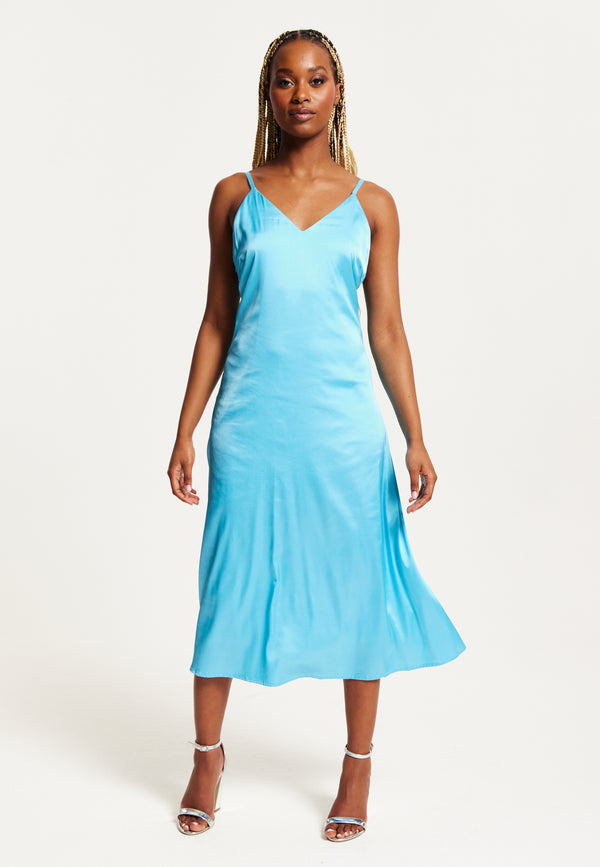 Liquorish Women's Midi Dress In Blue Satin With Deep V Neck And Adjustable Straps - Liquorish