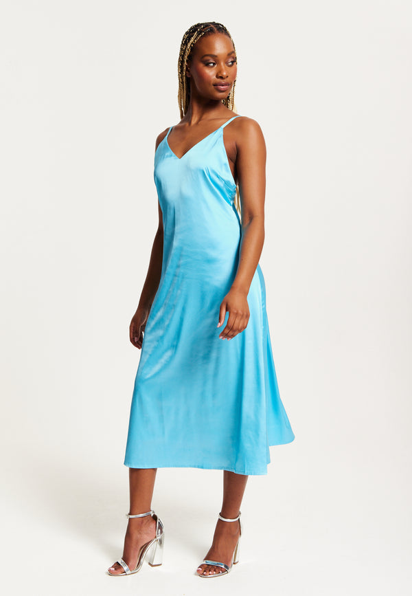 Liquorish Women's Midi Dress In Blue Satin With Deep V Neck And Adjustable Straps - Liquorish