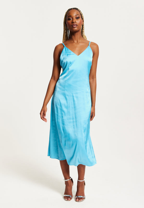 Liquorish Women's Midi Dress in Blue Satin with Deep V Neck and Adjustable Straps - Liquorish