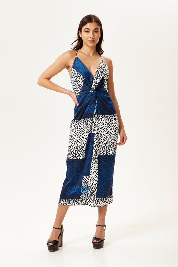 Liquorish Women's Midi Dress In Blue Square Animal Print With Adjustable Straps - Regular Fit Liquorish