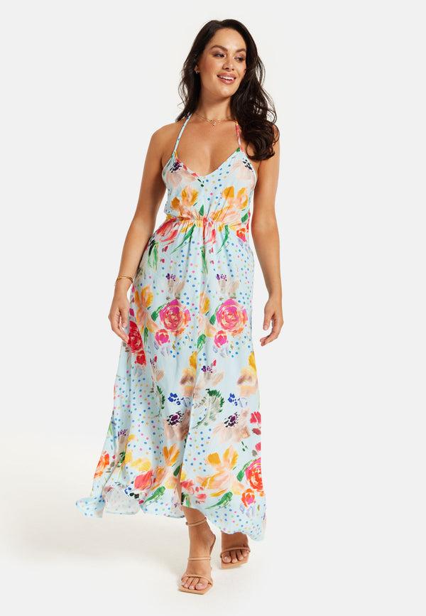 Liquorish Women's Midi Dress In Blue With Floral Print Sleeveless Asymmetrical Design And Open Back - Liquorish