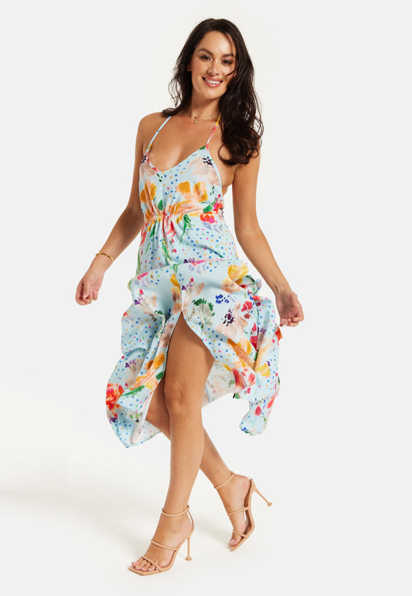 Liquorish Women's Midi Dress In Blue With Floral Print Sleeveless Asymmetrical Design And Open Back - Liquorish