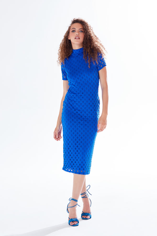 Liquorish Women's Midi Dress in Bold Blue with High Neck Short Sleeves and Open Back Detail - Liquorish