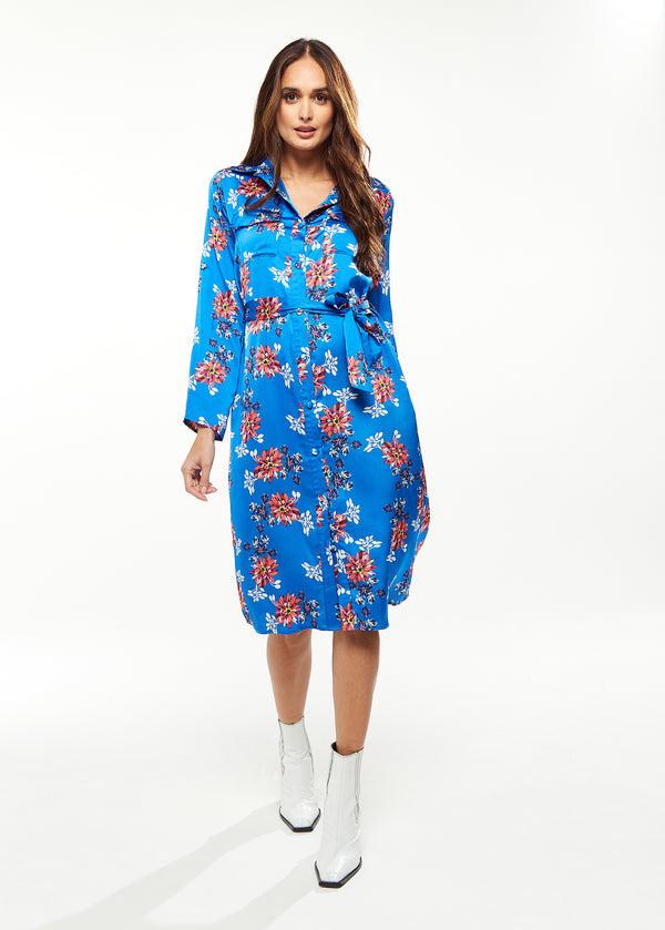 Liquorish Women's Midi Dress In Bright Blue With Floral Print Long Sleeve Button Front And Functional Pockets