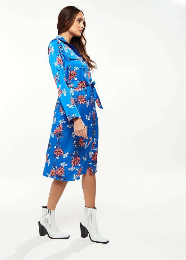 Liquorish Women's Midi Dress In Bright Blue With Floral Print Long Sleeve Button Front And Functional Pockets