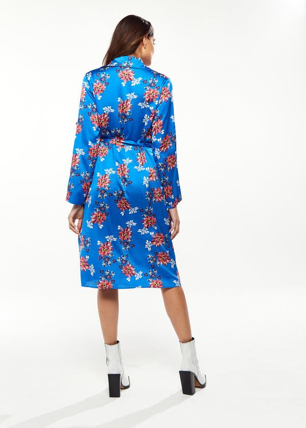 Liquorish Women's Midi Dress In Bright Blue With Floral Print Long Sleeve Button Front And Functional Pockets