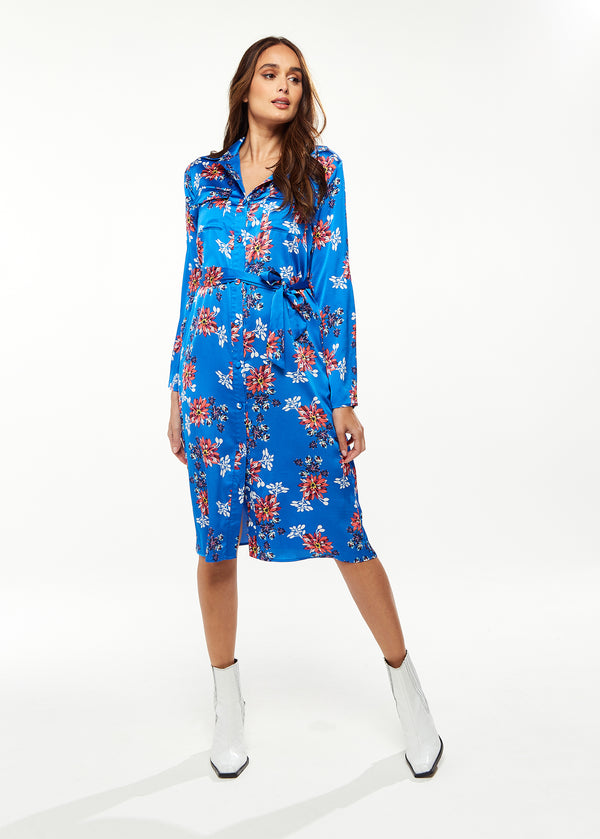 Liquorish Women's Midi Dress in Bright Blue with Floral Print Long Sleeve Button Front and Functional Pockets