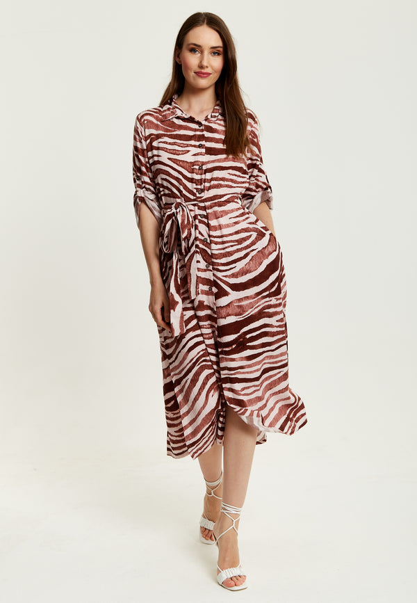 Liquorish Women's Midi Dress In Brown Zebra Print With Long Sleeves - Button Up Shirt Dress With Tie Waist By Liquorish
