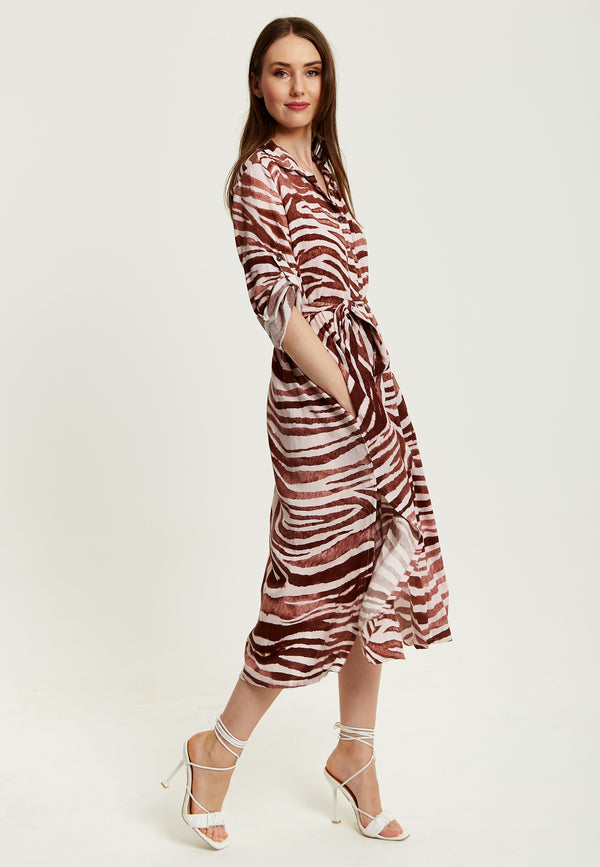 Liquorish Women's Midi Dress In Brown Zebra Print With Long Sleeves - Button Up Shirt Dress With Tie Waist By Liquorish