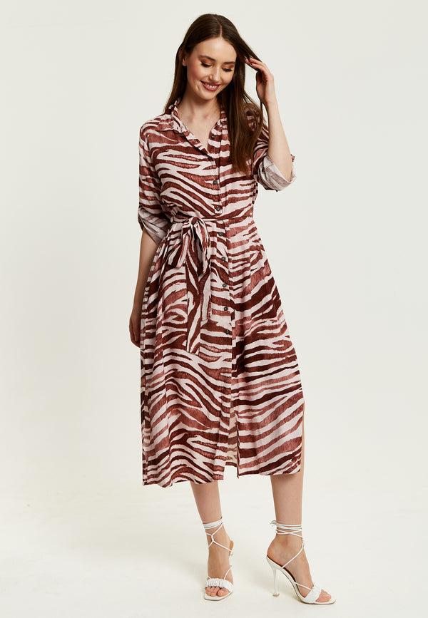 Liquorish Women's Midi Dress In Brown Zebra Print With Long Sleeves - Button Up Shirt Dress With Tie Waist By Liquorish