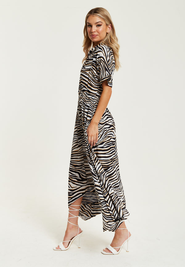 Liquorish Women's Midi Dress In Brown Zebra Print With Short Sleeves And Asymmetric Hem - Liquorish
