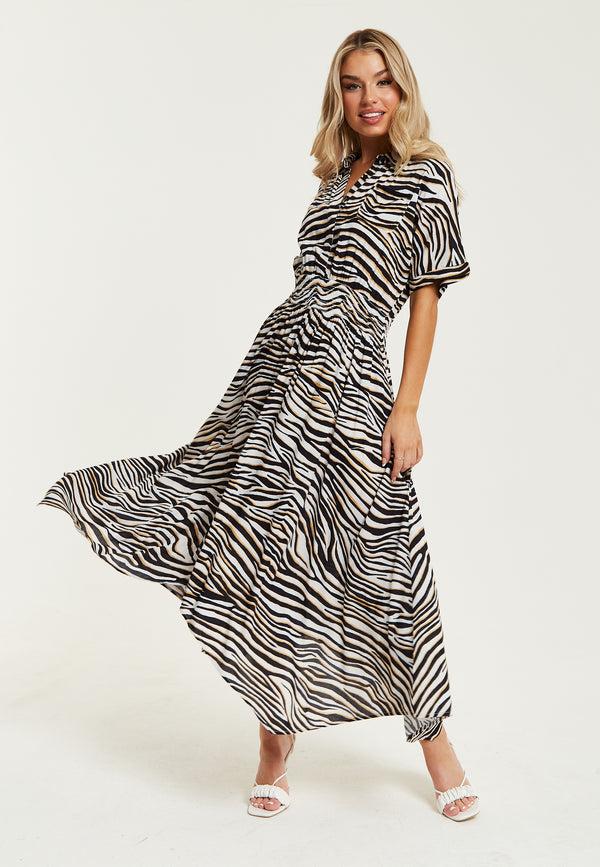 Liquorish Women's Midi Dress In Brown Zebra Print With Short Sleeves And Asymmetric Hem - Liquorish
