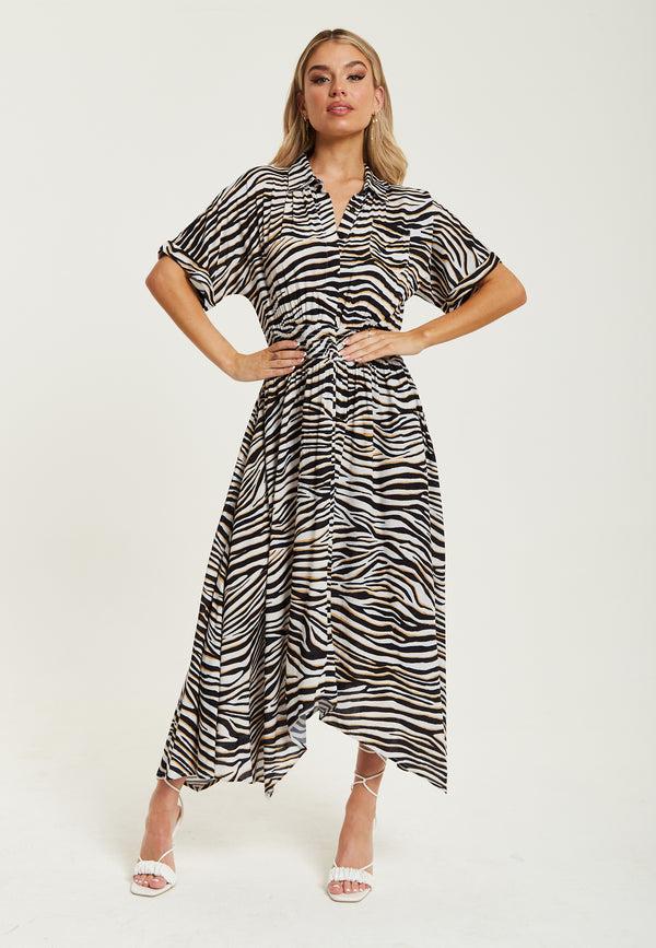 Liquorish Women's Midi Dress In Brown Zebra Print With Short Sleeves And Asymmetric Hem - Liquorish