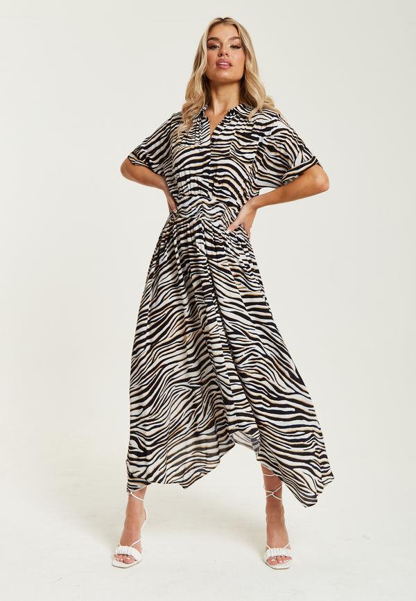 Liquorish Women's Midi Dress in Brown Zebra Print with Short Sleeves and Asymmetric Hem - Liquorish