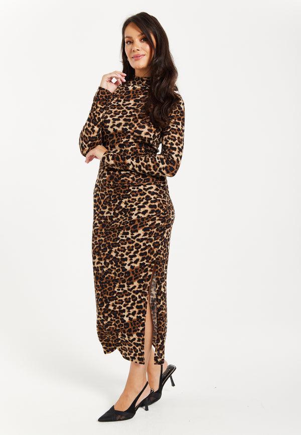 Liquorish Women's Midi Dress In Brushed Knit With Bold Leopard Print And Long Sleeves - Chic Side Slit Design By Liquorish