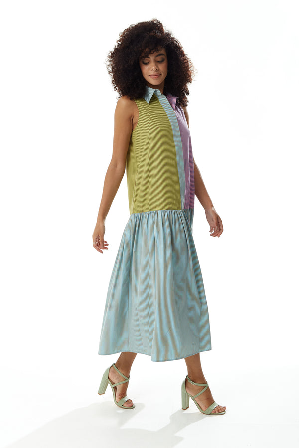 Liquorish Women's Midi Dress In Contrast Stripes With Button Up Front And Sleeveless Design - Liquorish