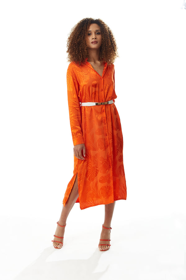 Liquorish Women's Midi Dress in Coral with Long Sleeves and Belt - Stylish Leaf Print by Liquorish